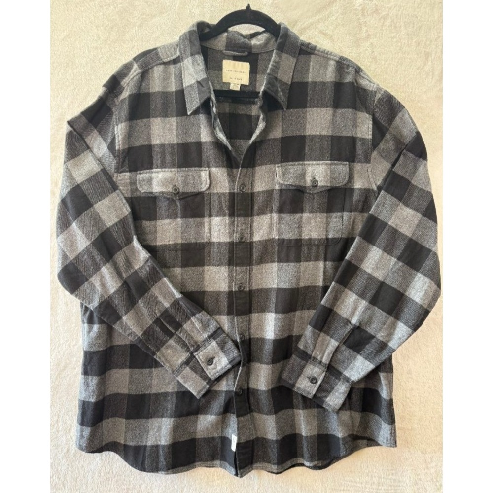 American Eagle Super Soft Flannel Shirt Mens XXL Gray Black Buffalo Plaid Cotton